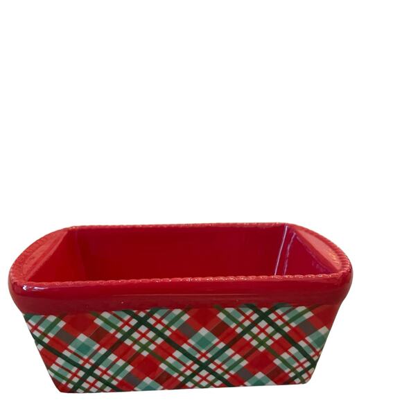 Temptations by Tara Mini Ceramic Loaf Pan w/ Lid 12oz Holiday Plaid Red Green - Picture 12 of 13